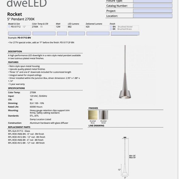 NIB 2 (two) WAC Lighting Rocket 5" Wide Brass LED Mini Pendant Metal Shade - Picture 6 of 8